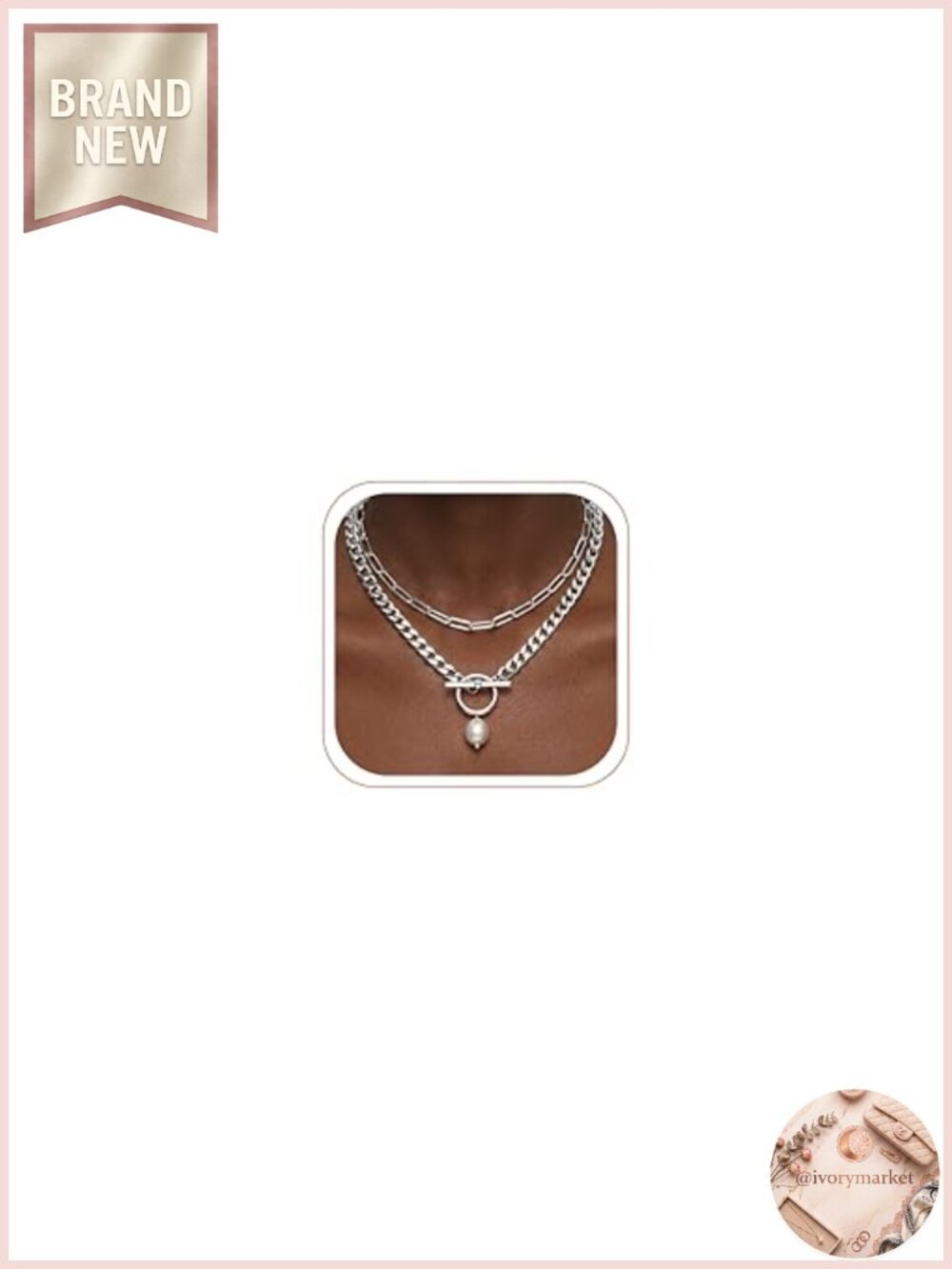 Silver Plated Brass Layered Necklace Set Pearl Heart Pendant Paperclip Cuban